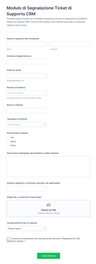 Modulo Di Segnalazione Ticket Di Supporto CRM