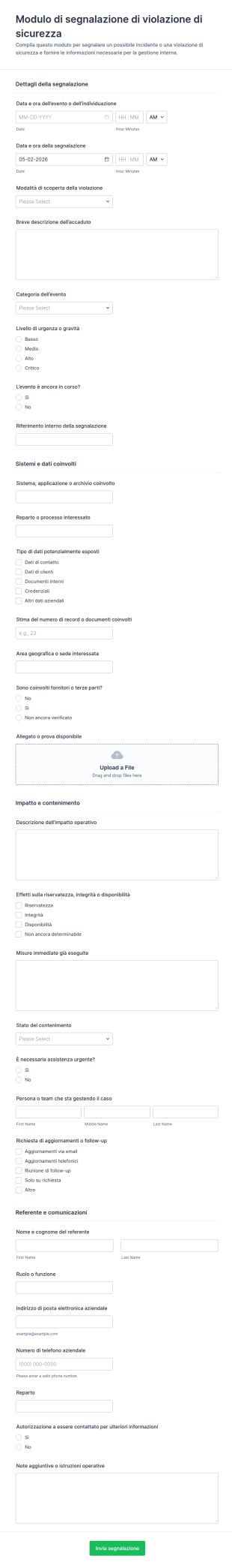 Modulo Di Segnalazione Violazione Di Sicurezza