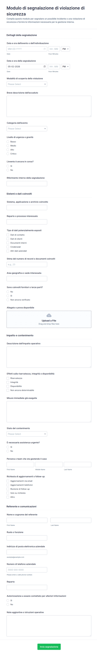 Modulo Di Segnalazione Violazione Di Sicurezza