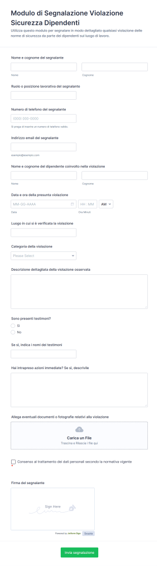 Modulo Di Segnalazione Violazione Sicurezza Dipendenti