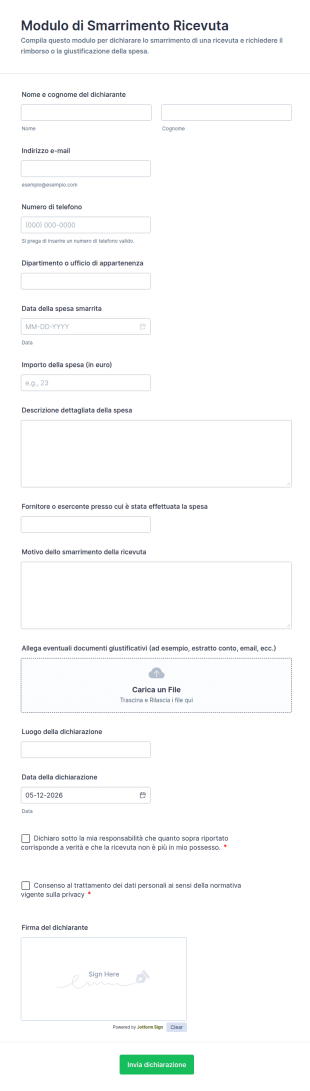Modulo Di Smarrimento Ricevuta