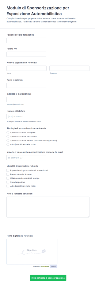 Modulo Di Sponsorizzazione Per Esposizione Automobilistica