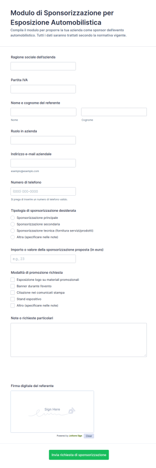 Modulo Di Sponsorizzazione Per Esposizione Automobilistica
