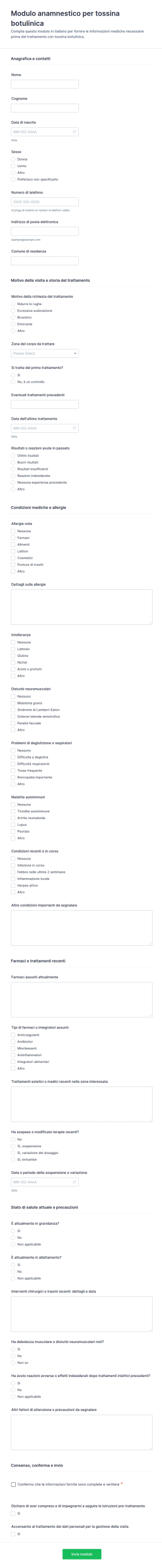 Modulo Di Storia Medica Per Tossina Botulinica