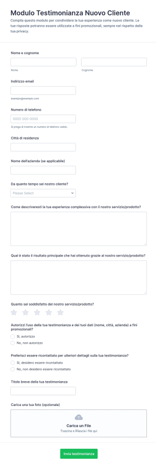 Modulo Di Testimonianza Del Nuovo Cliente
