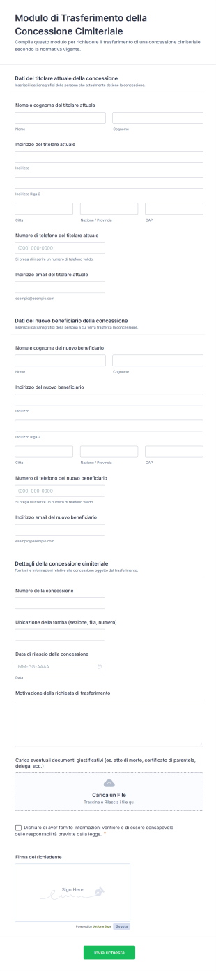 Modulo Di Trasferimento Della Concessione Cimiteriale