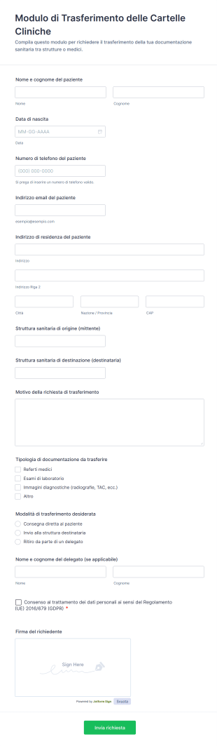 Modulo Di Trasferimento Delle Cartelle Cliniche
