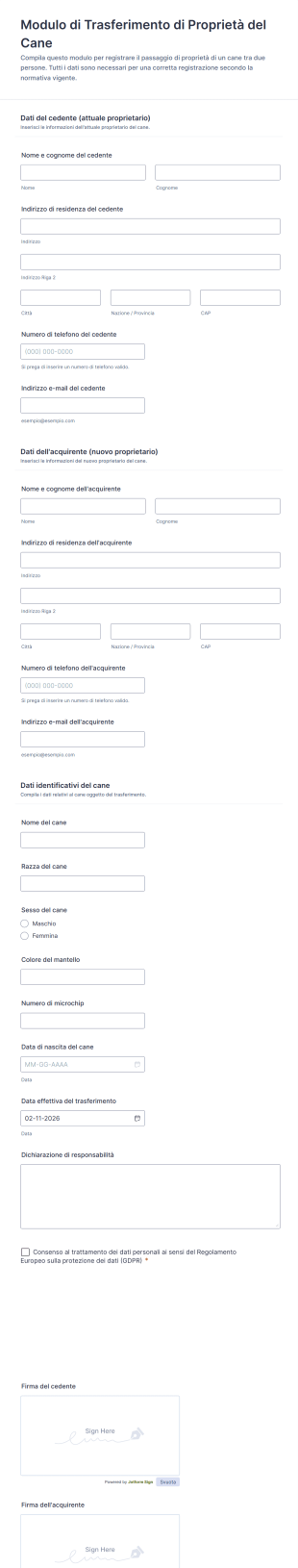 Modulo Di Trasferimento Di Proprietà Del Cane