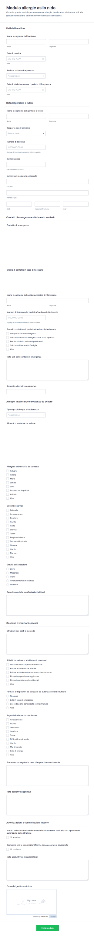 Modulo Di Valutazione Allergie Per Asilo