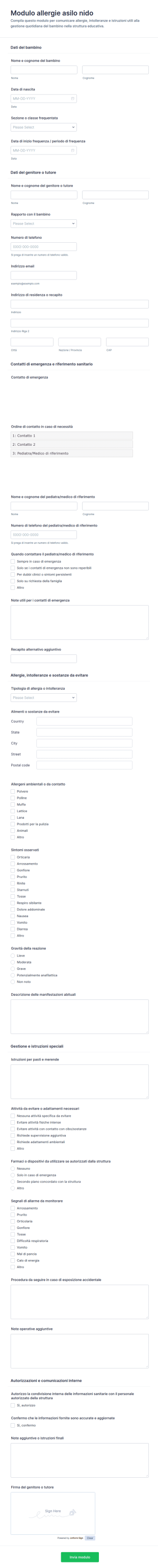 Modulo Di Valutazione Allergie Per Asilo