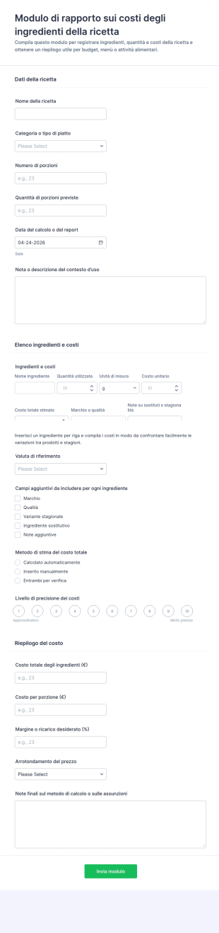 Modulo Di Valutazione Dei Costi Degli Ingredienti Delle Ricette 🍽️