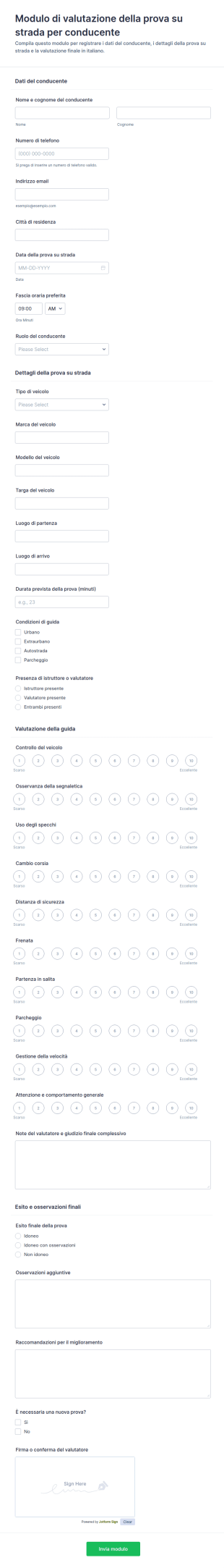 Modulo Di Valutazione Della Guida Per Esame Di Guida