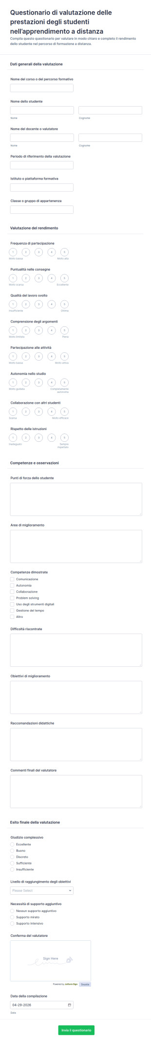 Modulo Di Valutazione Delle Prestazioni Degli Studenti In E Learning