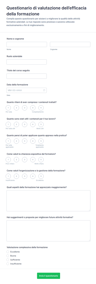 Modulo Di Valutazione Dell'Efficacia Della Formazione