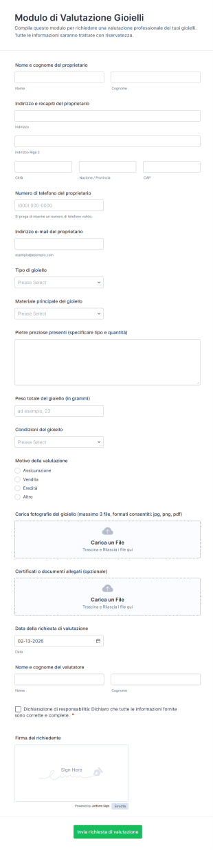 Modulo Di Valutazione Gioielli