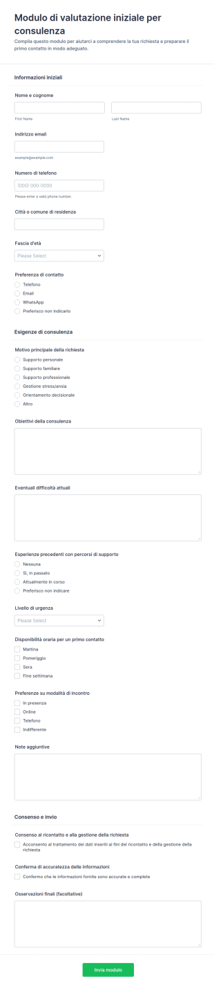 Modulo Di Valutazione Iniziale Di Consulenza
