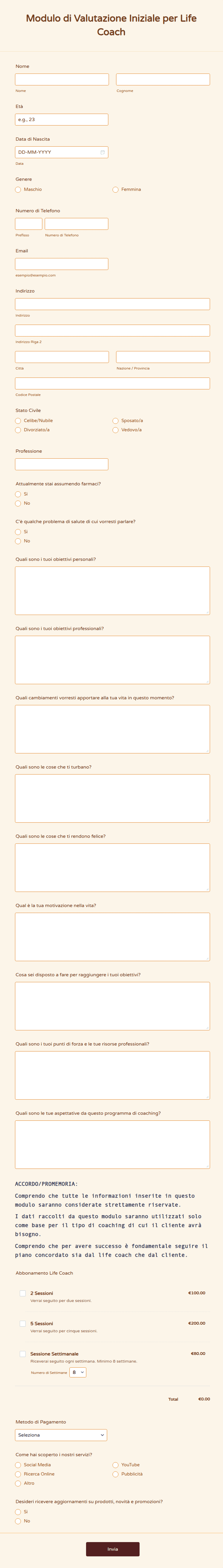 Modulo di Valutazione Iniziale per Life Coach | Jotform
