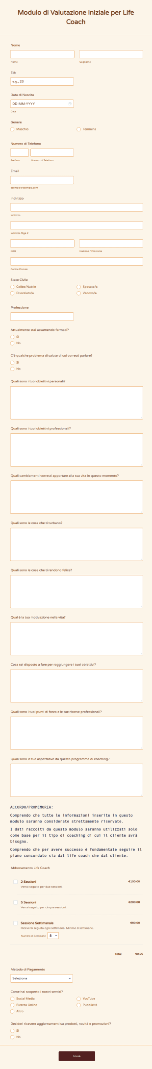Modulo Di Valutazione Iniziale Per Life Coach