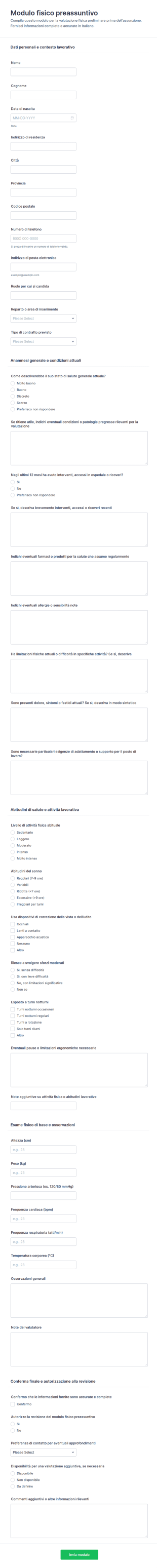 Modulo Di Valutazione Medica Preassuntiva