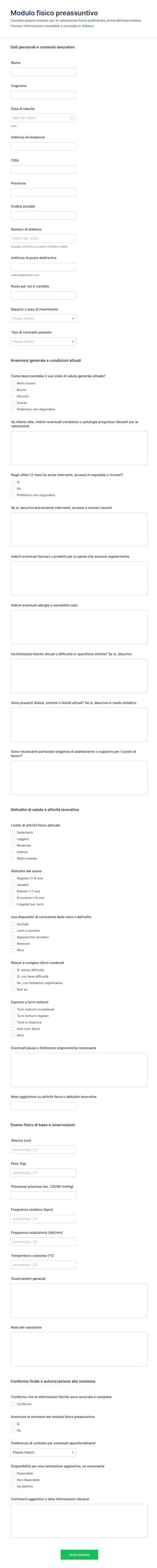 Modulo Di Valutazione Medica Preassuntiva