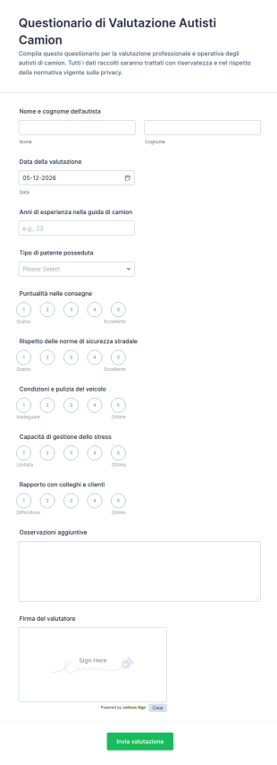 Modulo Di Valutazione Per Autisti Di Camion