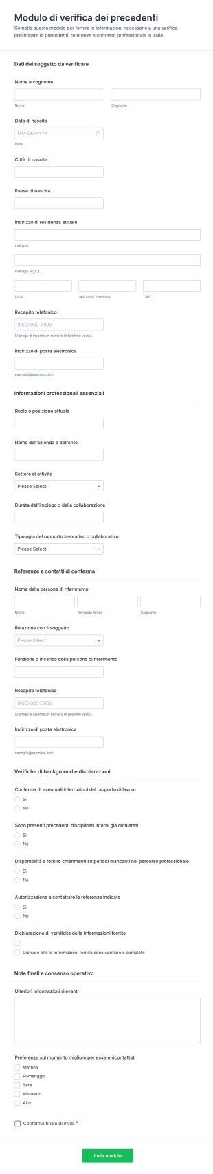 Modulo Di Verifica Dei Controlli Di Background Verifica