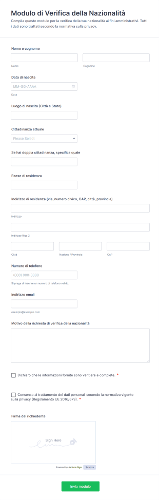 Modulo Di Verifica Della Nazionalità