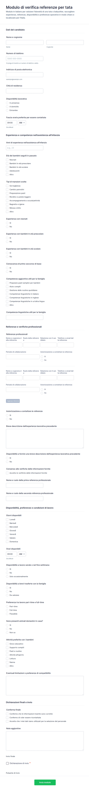 Modulo Di Verifica Delle Referenze Per Babysitter