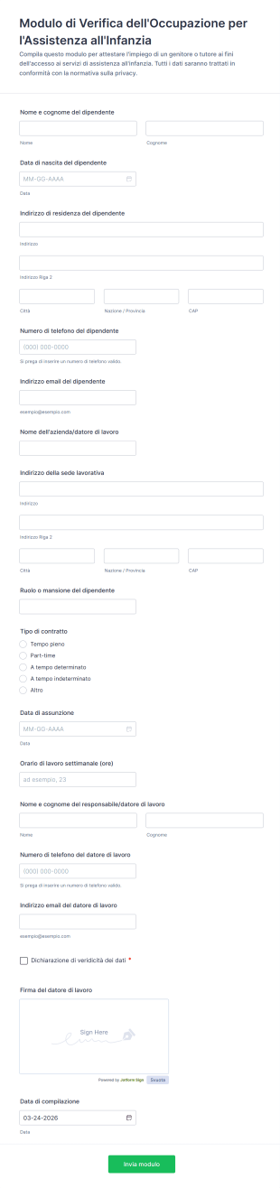 Modulo Di Verifica Dell'Occupazione Per L'Assistenza All'Infanzia