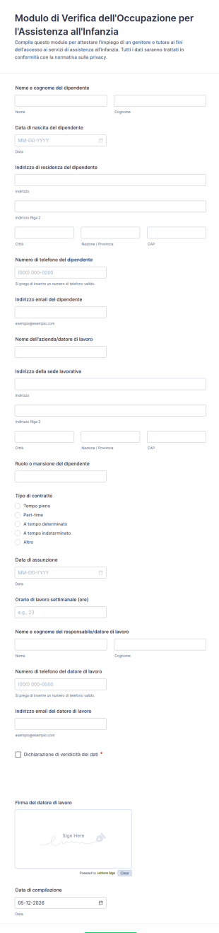 Modulo Di Verifica Dell'Occupazione Per L'Assistenza All'Infanzia