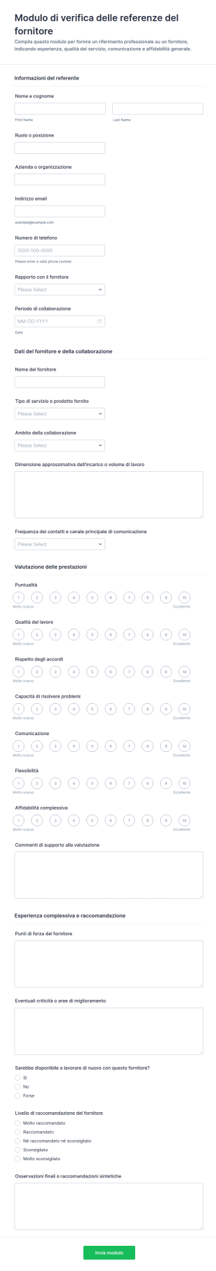 Modulo Di Verifica Di Riferimento Fornitore