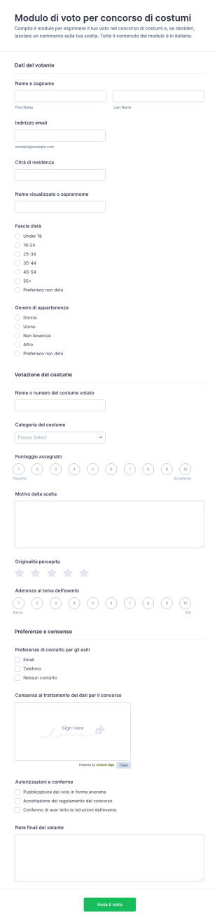 Modulo Di Votazione Per Concorso Di Costumi