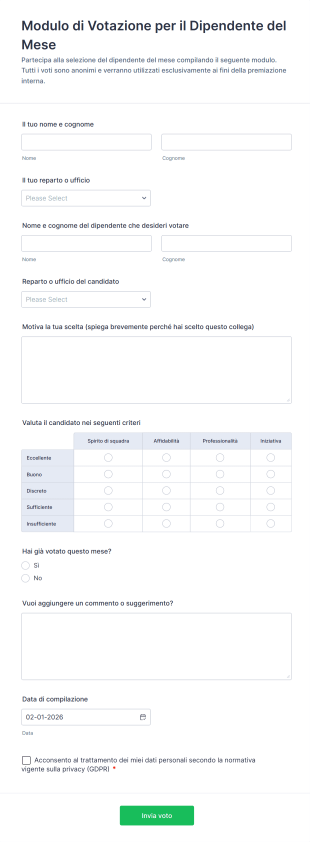 Modulo Di Votazione Per Il Dipendente Del Mese