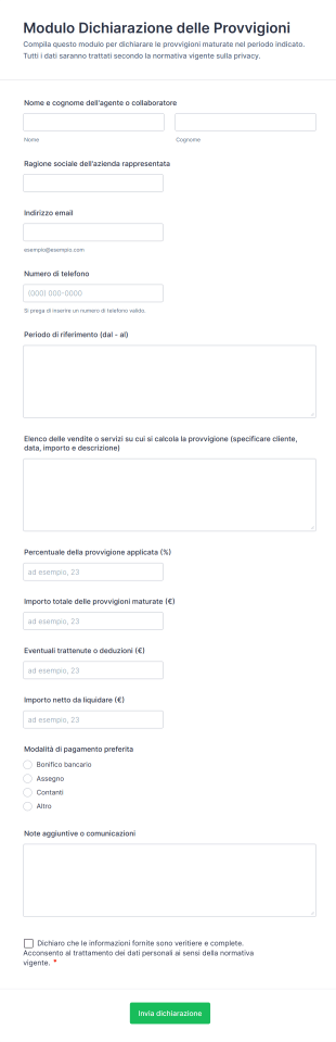 Modulo Per Dichiarazione Delle Provvigioni