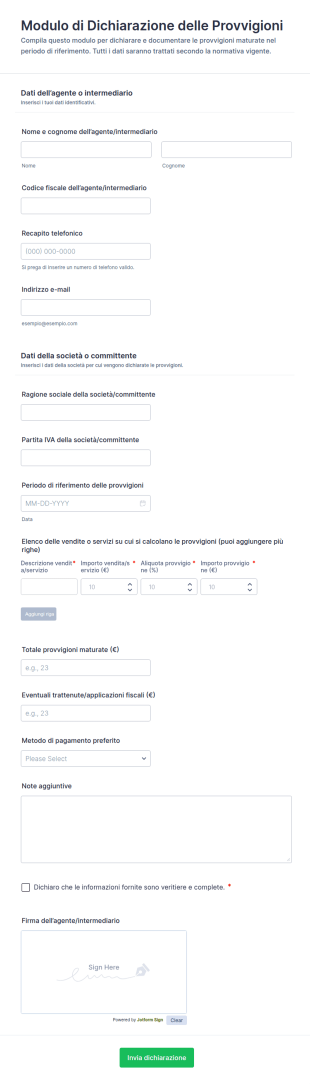 Modulo Per Dichiarazione Delle Provvigioni