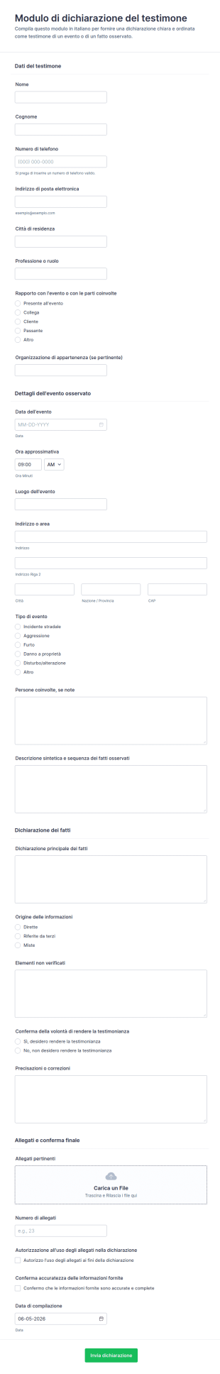 Modulo Dichiarazione Testimonianza