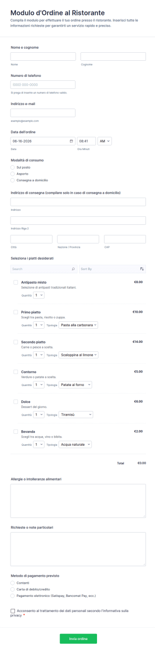 Modulo D'Ordine Al Ristorante