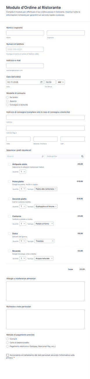 Modulo D'Ordine Al Ristorante