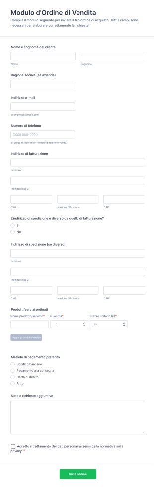 Modulo D'Ordine Di Vendita