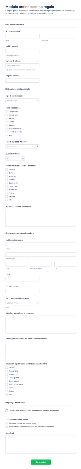 Modulo D’Ordine Per Cesti Regalo