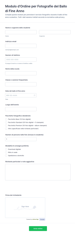 Modulo D'Ordine Per Fotografie Del Ballo Di Fine Anno