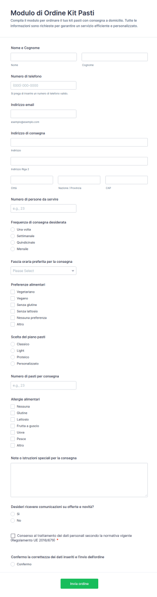 Modulo D’ordine Per Kit Pasti