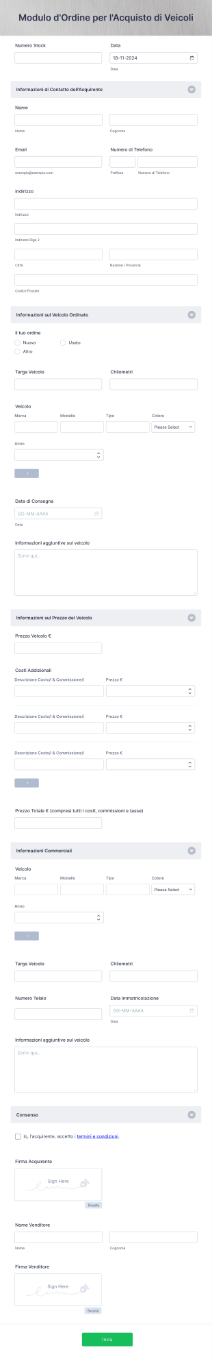 Modulo D'Ordine Per L'Acquisto Di Veicoli Form Template