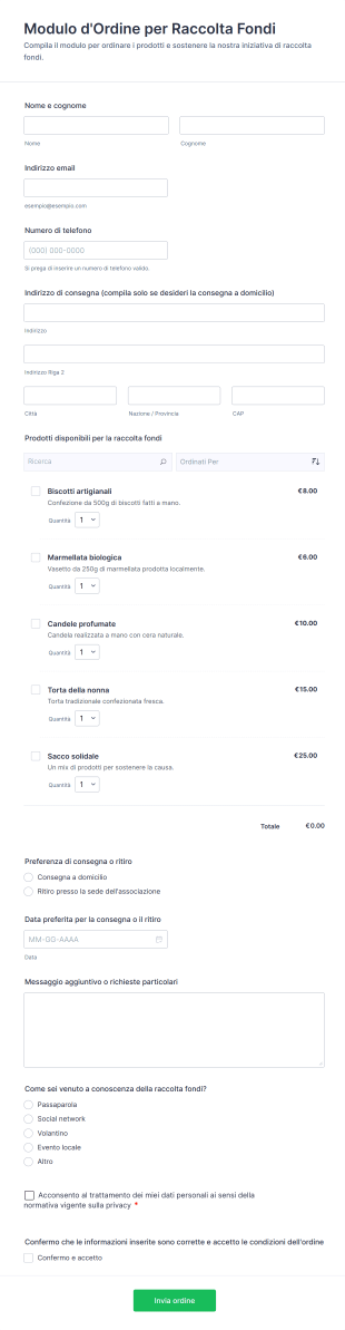 Modulo D'Ordine Per Raccolta Fondi | Jotform
