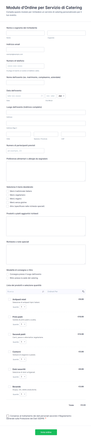 Modulo D'Ordine Per Servizio Di Catering