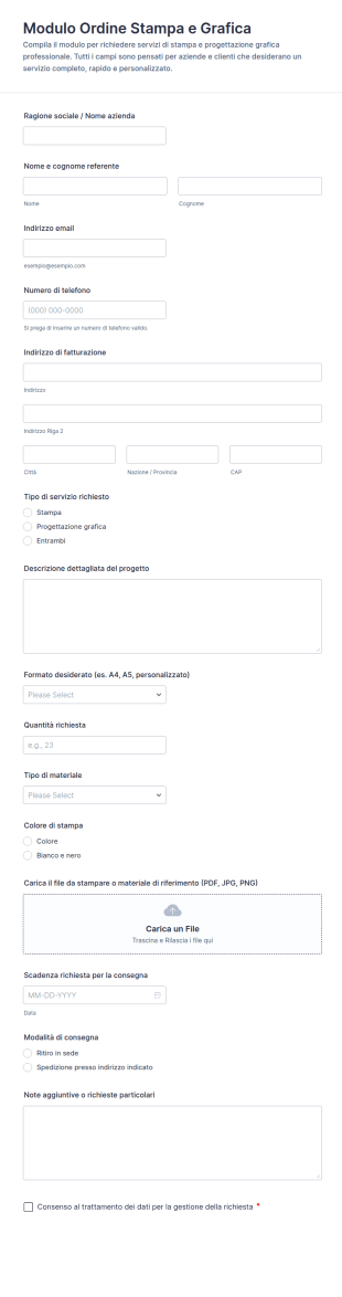Modulo D’Ordine Per Stampa E Progettazione