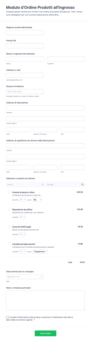 Modulo D'Ordine Prodotti All'Ingrosso