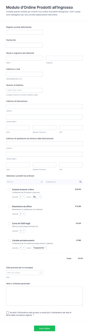 Modulo D'Ordine Prodotti All'Ingrosso