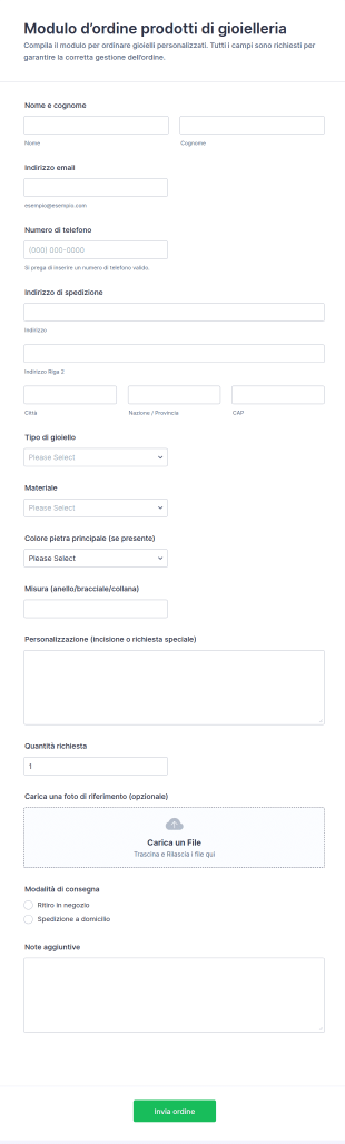 Modulo D’ordine Prodotti Di Gioielleria