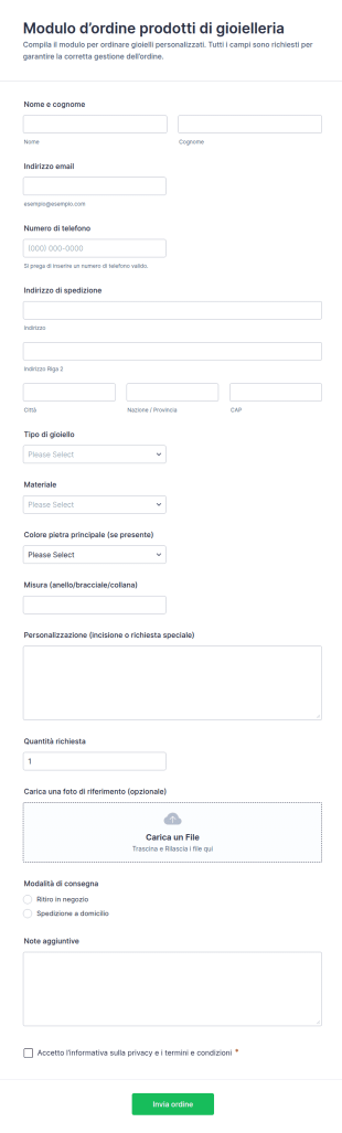 Modulo D’ordine Prodotti Di Gioielleria